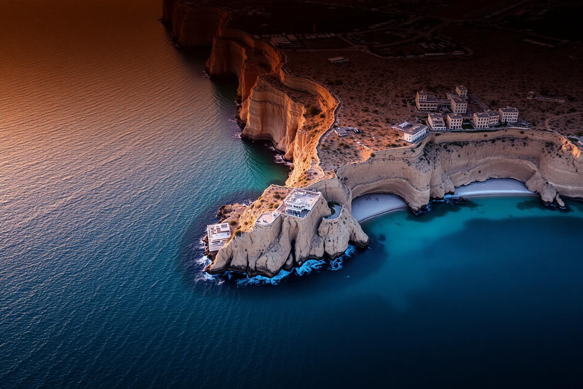 Aerial view of the Paphos coastline at golden hour